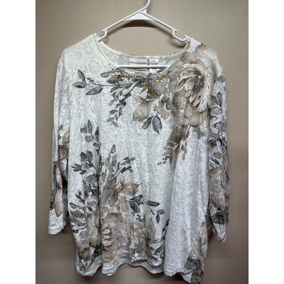 Alfred Dunner Womens 2X Floral Print Long Sleeve Scoop Neck Top Embellished - Picture 1 of 5